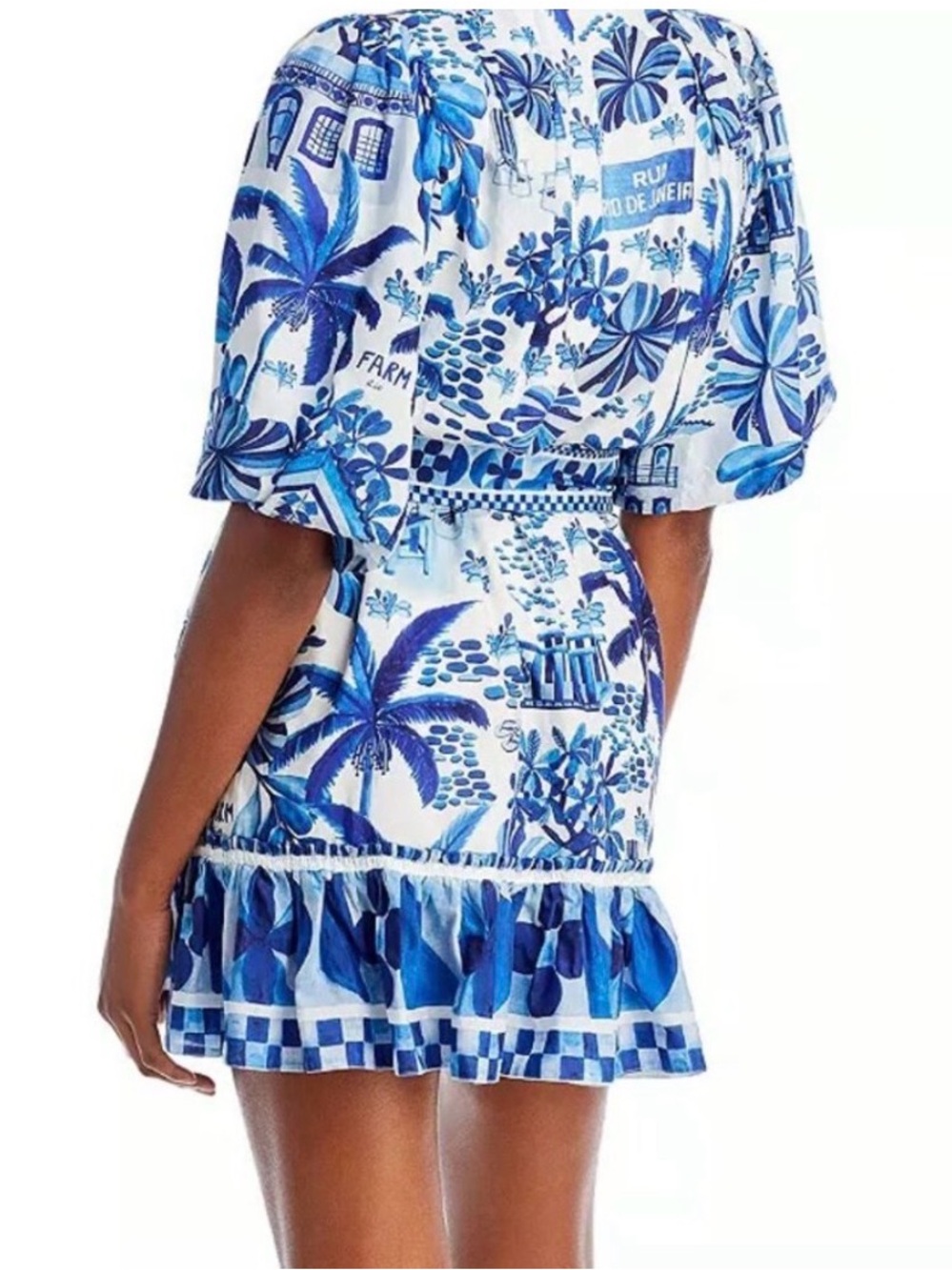 FARM Rio Blue and White Printed Puff-Sleeve Mini Dress NWT size M - Picture 2 of 6